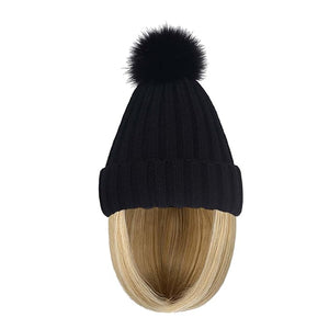 Women Caps with Hair Knit Beanie Cap with Extensions Short Straight Hairstyle Hat Wigs Winter Knitted hat bob Wig