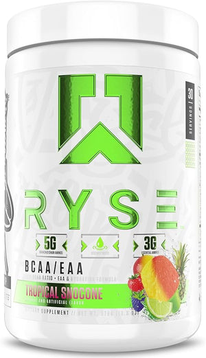 RYSE BCAA EAA Powder - Tropical Snocone - 5g Branched Chain Amino Acids 3g Essential Aminos Sugar-Free Electrolytes for Pre &amp Post Workout Muscle Recovery Hydration and Strength - 30 Servings