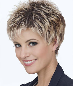 SEVENCOLORS Short Pixie Cut Wigs for White Women Mixed Blonde Short Wigs with Brown Roots Synthetic Natural Hair Wigs for Women
