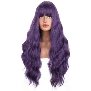 BERON Purple Long Wigs Women's Wavy Wigs with Bangs Dark Purple Curly Synthetic for Cosplay Party Wigs Wig Cap Included
