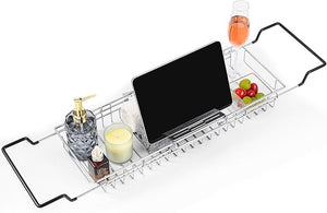 TAILI Bathtub Tray Table for Luxury Bath Expandable Extra Wide Bthtub Caddy with Reading Holder 304 Stainless Steel Over The Tub Bath Tray for Bathroom Accessories