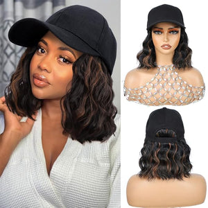 GUOJIAN Hat Wigs for Women 6' Short Wave Baseball Cap Wigs with Curly Hair Extensions Synthetic Wave Wig Adjustable Hat with Hair Attached for Daily Use (1B/30, 6inch)