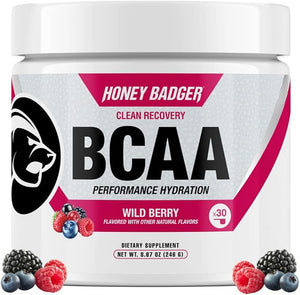 Honey Badger BCAA + EAA Amino Acids Powder, BCAAs + L-Glutamine, Keto, Vegan, Sugar Free for Men &amp; Women, Hydration &amp; Post Workout Muscle Recovery Drink Mix, Wild Berry, 30 Servings