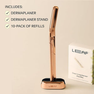 Leaf Shave | Leaf Dermaplaner Kit, All-Metal Reusable Dermaplane Razor and Exfoliating Tool for Women, Includes Matching Stand and 10-Pack of Refills - Mercury