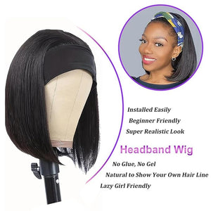Short Bob Human Hair Wig - Headband Bob Wigs 150% Density (8 Inch)