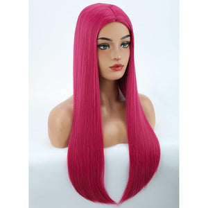 MAGQOO Hot Pink Wig for Women Long Straight Hot Pink Wig Middle Part Heat Resistant Hight Density Synthetic Wigs
