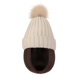 YEKEYI Warm Knitted Beanie Hat with Straight Hair Extension Synthetic Hairpiece Beanie Wig Hair Extensions