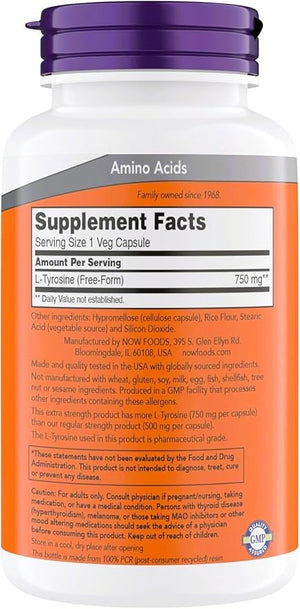 NOW Foods Supplements L-Tyrosine 750 mg Supports Mental Alertness* Neurotransmitter Support* 180 Veg Capsules