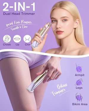 2 in 1 Electric Bikini Shaver for Women - 2025 Dual Head Bikini Trimmer for Women IPX7 Waterproof Wet &amp; Dry Use Bikini Razor for Travel Rechargeable Electric Razor for Underarm Leg Arm,Purple