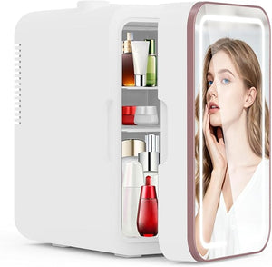 Mini Fridge for Bedroom, 6L/10 Can Skincare Fridge with Dimmable LED Light Mirror for Dorm &amp; Office, Portable Cooler &amp; Warmer Small Compact Refrigerator for Skincare, Makeup and Cosmetics, Whi