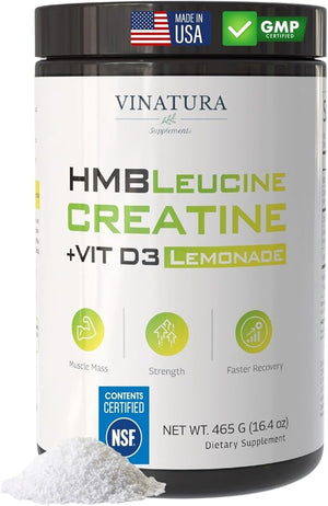 VINATURA HMB Creatine Leucine Powder - 5g Creatine Monohydrate 3g HMB Supplement 3g L-Leucine - Vitamin D3 Vegan Lemonade Flavor Muscle &amp Strength Support - 30 Servings