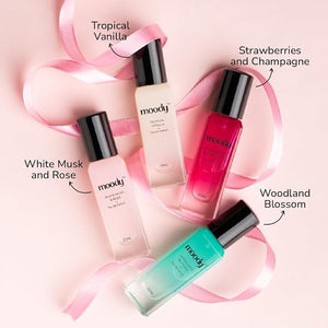 Moo.dy Long-Lasting Per.fume Set 8 Hours Duration 4 Fragrances Gift Box with Tropical Vanilla White Musk and Rose 20ml Each Alcohol-Free Roll-on 4x20ml