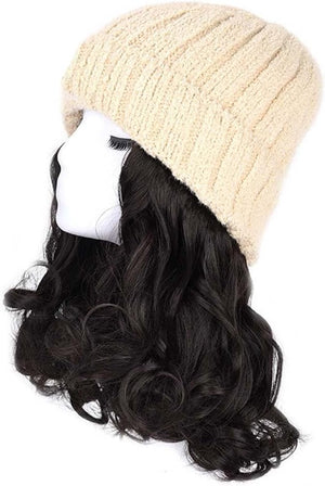 Woman Wig Winter Beanie Hat Wig Extension Long Wavy Curly Wig with Plush Knitted Hat Warm Wig