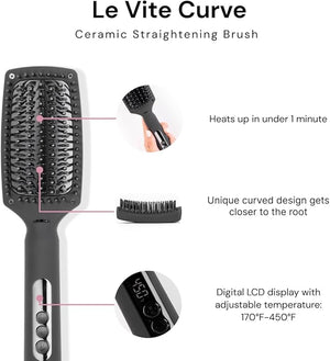 L'ANGE HAIR Le Vite Curve Ceramic Straightening Brush | Heated Straightener Flat Iron for Smooth Anti Frizz Hair | for All Hair Lengths | Hot Styling Brush for Effortless Straightening (Black)