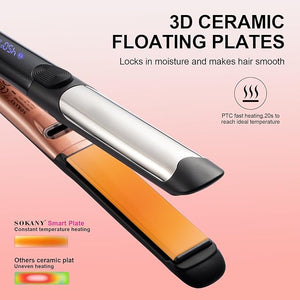 SOKANY 1 Inch Flat Iron Hair Straightener and Titanium Curler 2 in 1Dual Voltage Smart 3D Ceramic Floating Plates Ionic Straightener8 Temps Settings Fast Heating &amp Heat Protection
