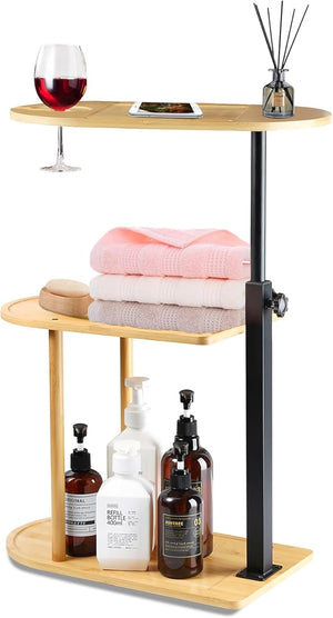 3 Layer Bamboo Bathtub Tray Table Modern Design with 360 Swivel Height Adjustable Phone &amp Wine Glass Slots Space-Saving for Bathroom Bedroom Kitchen