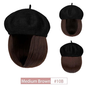 Hat Wig Beret Hat with Hair Extensions Classic French Wool Hat Straight Short Bob Hairpiece Women Bob Wig Hats