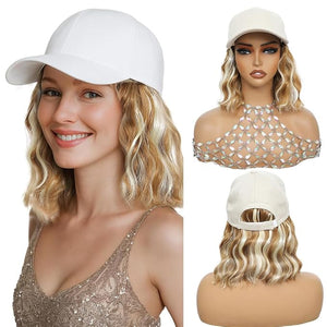 GUOJIAN Hat Wigs for Women 6' Short Wave Baseball Cap Wigs with Curly Hair Extensions Synthetic Wave Wig Adjustable Hat with Hair Attached for Daily Use (W27/613, 6inch)