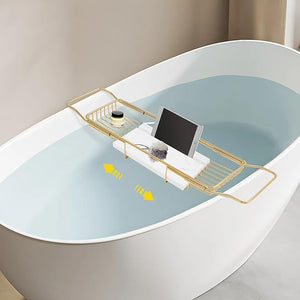 Stainless Steel Bathtub Tray, Expandable Marble Bath Tray for Tub, 44.09 lbs Capacity Bath Caddy for Bathtub Bathroom Accessories for Home Spa (Gold + White)