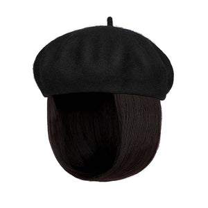 Hat Wig Beret Hat with Hair Extensions Classic French Wool Hat Straight Short Bob Hairpiece Women Bob Wig Hats