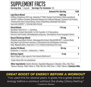 NDS Nutrition XT - Super Concentrated Thermogenic with L-Carnitine &amp Teacrine for Shredding Fat - Supports Maximum Energy Focus Calorie Burning Diuretic Appetite Control (60 Capsules)