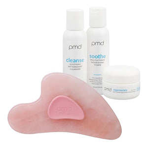PMD Beauty Gua Sha Facial Tools - Massaging, Sculpting and Depuffing Guasha Tool for Face with Rose Quartz and Silicone Grip - Reduce Tension &amp; Inflammation, with Starter Kit