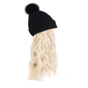 Women Winter Beanie Hat with Wig Big Wavy Curly Hair Extensions Knit ski Snow Cap Attached Party Daily Weddings Wig