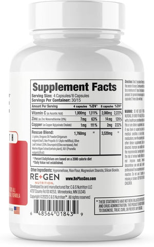 Re+Gen Nutrition HERPRESCUE Outbreak Support Supplement, Cold Sore Care for Adults, Natural Capsules w/Zinc, Vitamin C, &amp; L lysine Amino Acid for Immune Health, 120 Capsules