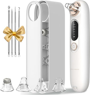 Blackhead Remover Pore Vacuum Kit for Face, 5 Adjustable Suction Levels Blackhead Extraction Tool, Face Suction Pore Cleaner with 4 Suction Heads, 4 Probes for Women &amp; Men (White)