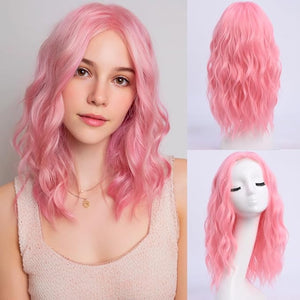 Medium Length Pink Wigs for Women 18 Inch Middle Part Wavy Pink Wig Natural Looking Synthetic Heat Resistant Fiber Wig for Daily Party Use (18 inch)