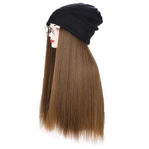 Women Winter Beanie Hat wig Knit with Long Straight/wig Wavy Curly Hair Wig Attached 23.6 Inch Synthetic Hairpiece