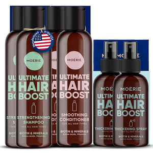 Moerie Mineral Shampoo and Conditioner Plus Hair Growth Spray Set ? Ultimate Hair Care Pack ? For Longer Thicker Fuller Hair - Volumizing Hair Care Products ? Paraben &amp Silicone Free - Double Se