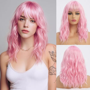 Pink Wigs with Bangs for Women Synthetic 16 inch Medium Length Wigs with Natural Long Wavy Fringe Bang wig Heat Resistant Hair for Daily Party Use(Pink)