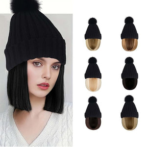 Women Caps with Hair Knit Beanie Cap with Extensions Short Straight Hairstyle Hat Wigs Winter Knitted hat bob Wig