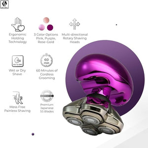 Skull Shaver Butterfly Kiss PRO - Women's Electric Shaver for Bikini Line Legs &amp Body - Wet &amp Dry Use - Ergonomic Hypoallergenic Blades - 60 Minutes Cordless Use - Purple