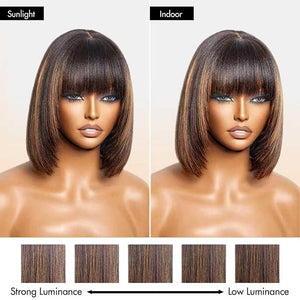 Bob Wig Human Hair with Bangs Glueless 2.5x1 HD Lace Colsure Wigs Human,Yaki Bob Wig with Brown Highlights, Ready to Go Short Wigs For Women Beginner Friendly 14 Inch