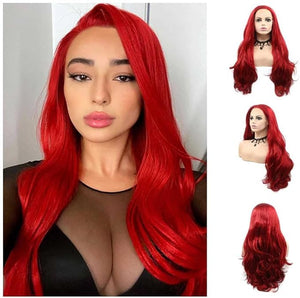 Melody Synthetic Lace Front Red Wigs Long Body Wave Hair Heat Resistant Fiber Hair Wigs For Women Cosplay Part Wigs High Density 24Inches Red color