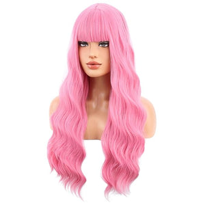 BERON Pink Long Wavy Wig with Bangs for Women Girls Pastel Colored Curly Heat Resistant Synthetic Wig Costume Cosplay Party Daily Wigs