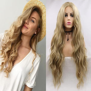 Xiweiya 24# Blonde Loose Wavy Lace Front Wig Middle Part Golden Heat Resistant Fiber Full Wig Natural Looking Glueless Drag Queen Daily Wear for Women 24inch