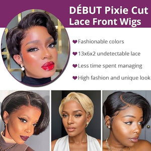 Side Part Black Human Hair Pixie Wigs HD Lace Front with Swept Bangs Short Curly Natural Color Glueless Cap for Women (Ombre Brown6 Inch)