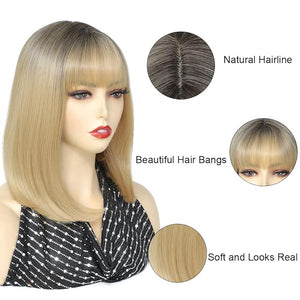 Short Straight Bob Wig With Bangs 14 Inch Ombre Blonde Synthetic Hair Wigs For Women Heat Resistant Natural Looking Hair Wig For Party Daliy Use(Blonde 14 inch)