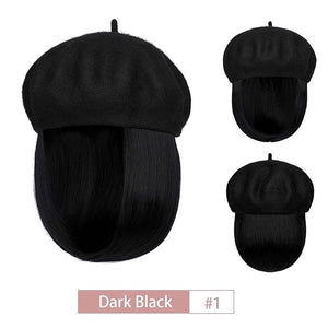 Hat Wig Beret Hat with Hair Extensions Classic French Wool Hat Straight Short Bob Hairpiece Women Bob Wig Hats