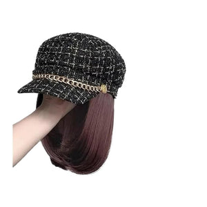 Straight Hair Hat Wig Synthetic Wig Medium Long Hair Black Beret Autumn Winter Hat Chemical Fiber Wig Hair Extensions Hair Accessories(Dark brown)