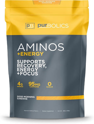 Purbolics Aminos + Energy | Supports Recovery, Energy &amp; Focus | 95mg of Caffeine, 0 Sugar &amp; 60 Servings (Good Morning Sunshine)
