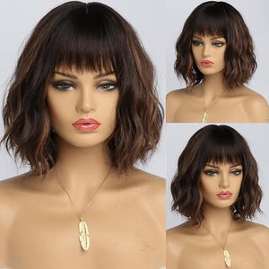 Short Dark Brown Wig with Highlight Wigs for Women Brown Mixed Gold Wig Highlights with Bangs Medium Length Synthetic Hair Wavy Bob Wig Colorful Wigs£¨14 Inches£©