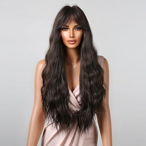 BERON Brown Long Wigs Women Wavy Wig with Bangs 28 Inches Curly Synthetic Wigs for Cosplay Party Wigs Wig Cap Included
