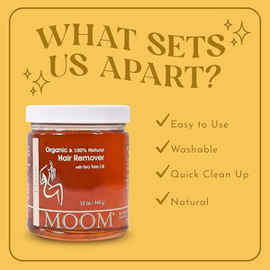 MOOM Organic Sugar Wax with Tea Tree Oil 12 oz Jar Hair Removal for Bikini Brazilian Face &amp Legs - Soft Wax for Sensitive Skin Wax Beads Alternative For Women &amp Men (Strips &amp Sticks N