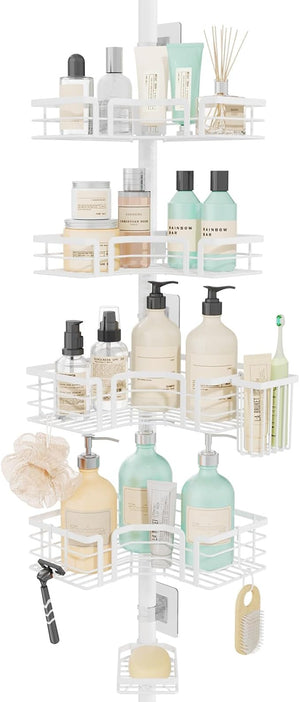 SWTYMIKI Shower Caddy Tension Pole - 4-Tier Corner Shower Organizer Tension Rod with Soap Holder Toothbrush Holder &amp 4 Hooks Adjustable Stainless Steel Bathroom Organizer 27.6 to 108.3 inch Whi