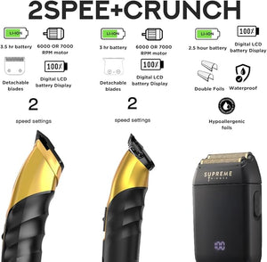 Supreme Trimmer 3-in-1 Barber Bundle | 2Spee Clipper 2Spee Trimmer &amp Crunch Foil Shaver | Professional Beard Trimmer Men¡¯s Hair Clipper Kit | (Gold)