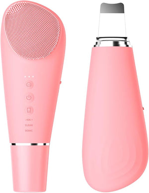 Silicone Face Scrubber Blackhead Remover Rechargeable 2-in-1 Facial Cleansing Brush &amp Skin Spatula Duo IPX7 Waterproof Exfoliating Massager Deep Cleansing for Women and Men£¨Peachy Pink£©